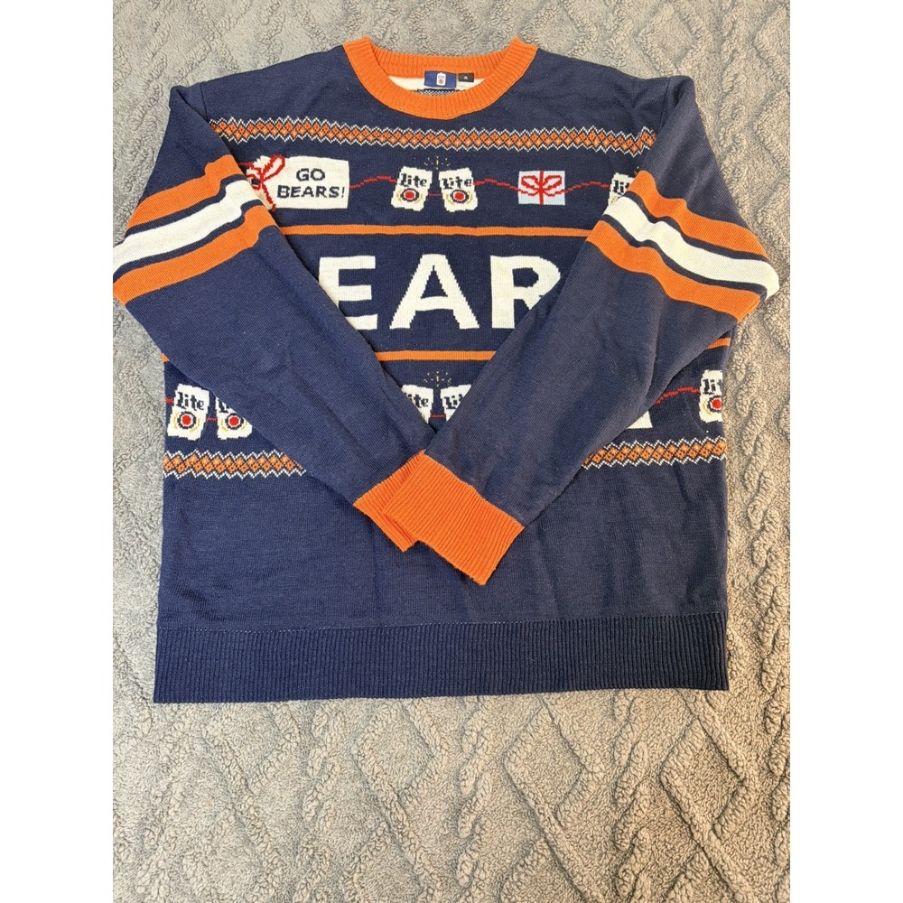 Chicago Bears Miller Lite Christmas Sweater Mens Sz XL Blue X-Mas Holiday